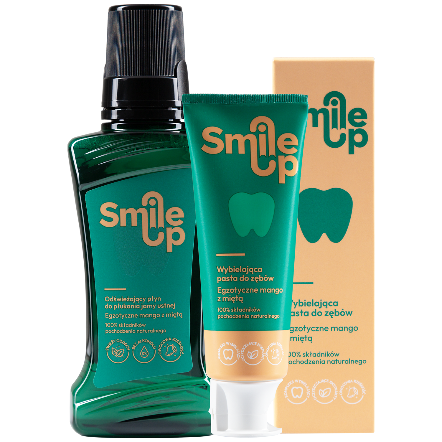 Nieznana Zestaw SmileUp, naturalna, wybielająca pasta do zębów, bez fluoru, egzotyczne mango z miętą, 75 ml + płyn do płukania jamy ustnej, 250 ml