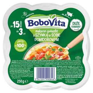 BoboVita Obiadek, makaron gwiazdki z szynką w sosie pomidorowym, 250 g - zdjęcie produktu