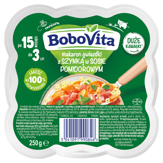 BoboVita Obiadek, makaron gwiazdki z szynką w sosie pomidorowym, 250 g - zdjęcie produktu