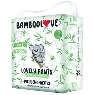 Bamboolove Lovely Pants, pieluchomajtki jednorazowe dla dzieci, z włóknem bambusowym, rozmiar L, 9-14 kg, 17 sztuk - zdjęcie produktu