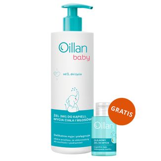 Oillan Baby, żel do kąpieli, mycia ciała i włosów 3w1, od 1 dnia życia, 400 ml + olejkowy żel do mycia, od 1 dnia życia, 50 ml gratis - zdjęcie produktu