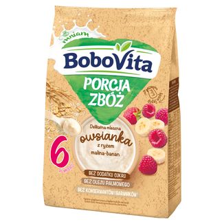 BoboVita Porcja Zbóż Delikatna mleczna owsianka z ryżem, malina-banan, bez dodatku cukru, po 6 miesiącu, 210 g - zdjęcie produktu