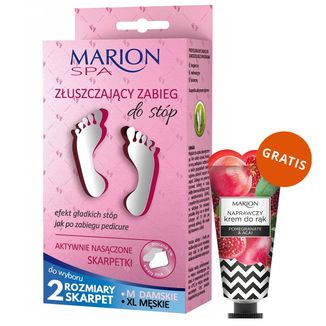 Marion Spa, złuszczający zabieg do stóp, aktywnie nasączone skarpetki, 2 x 20 ml + naprawczy krem do rąk Pomegranate & Acai, 50 ml gratis - zdjęcie produktu