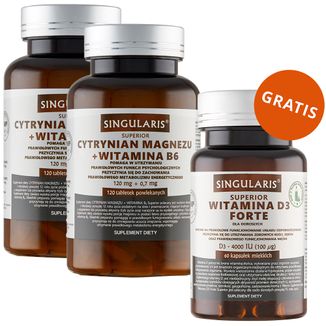 Zestaw Singularis Superior Cytrynian Magnezu + Witamina B6, 2 x 120 tabletek powlekanych + Witamina D3 Forte 4000 IU, 60 kapsułek miękkich gratis - zdjęcie produktu