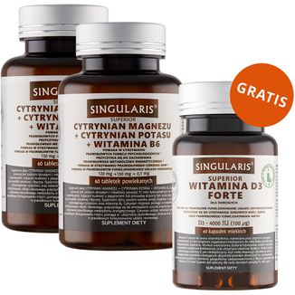 Zestaw Singularis Superior Cytrynian Magnezu + Cytrynian Potasu + Witamina B6, 2 x 60 tabletek powlekanych + Witamina D3 Forte 4000 IU, 60 kapsułek miękkich gratis - zdjęcie produktu