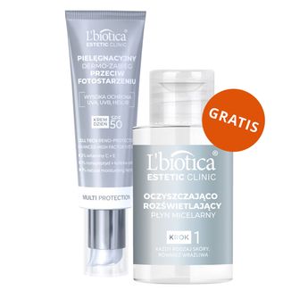 L'Biotica Estetic Clinic Multi Protection, pielęgnacyjny dermo-zabieg przeciw fotostarzeniu, SPF 50, 35 ml + oczyszczająco-rozświetlający płyn micelarny, 50 ml gratis - zdjęcie produktu