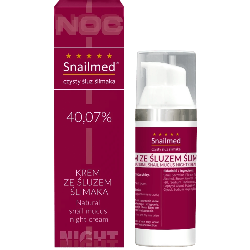 Nieznana Snailmed Czysty Śluz Ślimaka 40,07%, regenerujący krem z naturalnym śluzem ślimaka, kwasem hialuronowym oraz woskiem pszczelim, na noc, 30 ml — Inhaltsstoffe und Bewertung
