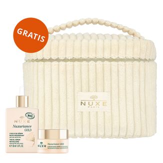 Zestaw Nuxe Nuxuriance Gold, olejowe serum rewitalizujące, 30 ml + rozświetlający balsam pod oczy, skóra sucha, 15 ml + kosmetyczka gratis - zdjęcie produktu