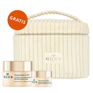 Zestaw Nuxe Nuxuriance Gold, Ultraodżywczy olejkowy krem do twarzy, 50 ml + rozświetlający balsam pod oczy, skóra sucha, 15 ml + kosmetyczka gratis - zdjęcie produktu