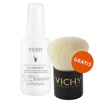 Vichy Capital Soleil UV-Age Daily, fluid przeciw fotostarzeniu się skóry, SPF 50+, 40 ml + pędzel do makijażu, kabuki, 1 sztuka gratis - zdjęcie produktu