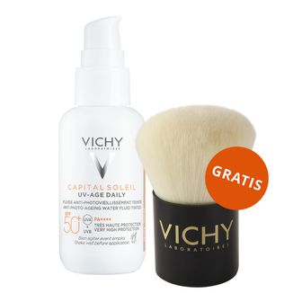 Vichy Capital Soleil UV-Age Daily, koloryzujący fluid przeciw fotostarzeniu skóry, SPF 50+, 40 ml  + pędzel do makijażu, kabuki, 1 sztuka gratis - zdjęcie produktu