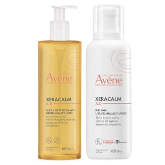 Zestaw Avene XeraCalm A.D, balsam uzupełniający lipidy do twarzy i ciała, skóra bardzo sucha, atopowa i swędząca, 400 ml + oczyszczający olejek uzupełniający lipidy, 400 ml - zdjęcie produktu
