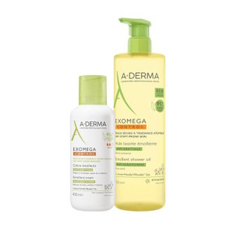 Zestaw A-Derma Exomega Control, olejek emolient pod prysznic, skóra sucha, skłonna do atopii, od urodzenia, 750 ml + krem emolient, skóra sucha i skłonna do atopii, 400 ml - zdjęcie produktu