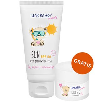 Linomag Emolienty Sun, krem przeciwsłoneczny dla dzieci i niemowląt od 6 miesiąca, SPF 50, 50 ml + krem ochronny dla dzieci i niemowląt od 1 dnia życia, 15 ml gratis - zdjęcie produktu