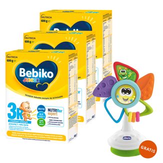 Zestaw Bebiko Junior 3R Nutriflor Expert, odżywcza formuła na bazie mleka z kleikiem ryżowym, powyżej 1 roku, 3 x 600 g + Chicco, wiatraczek zabawka sensoryczna gratis - zdjęcie produktu