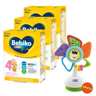 Zestaw Bebiko Junior 4 Nutriflor Expert, odżywcza formuła na bazie mleka, powyżej 2 roku, 3 x 600 g + Chicco, wiatraczek zabawka sensoryczna na krzesełko gratis - zdjęcie produktu