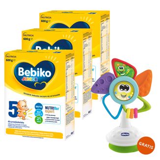 Zestaw Bebiko Junior 5 Nutriflor Expert, odżywcza formuła na bazie mleka, dla przedszkolaka, 3 x 600 g + Chicco, wiatraczek zabawka sensoryczna na krzesełko gratis - zdjęcie produktu