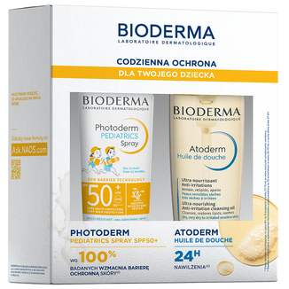 Zestaw Bioderma Codzienna Ochrona dla Twojego Dziecka, spray, od 12 miesiąca, SPF 50+, 200 ml + olejek od kąpieli, 200 ml KRÓTKA DATA - zdjęcie produktu