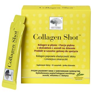 New Nordic Collagen Shot, kolagen w płynie, smak jagodowy, 15 saszetek USZKODZONE OPAKOWANIE - zdjęcie produktu