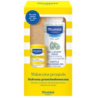 Zestaw Mustela Sun Wakacyjna Przygoda, sztyft przeciwsłoneczny, SPF 50, 9 ml + delikatny żel do mycia ciała i włosów, 100 ml - zdjęcie produktu