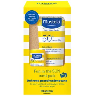 Zestaw Mustela Sun Fun In The Sun Travel Pack, mleczko przeciwsłoneczne, SPF 50, 40 ml + sztyft przeciwsłoneczny, SPF 50,  9 ml - zdjęcie produktu