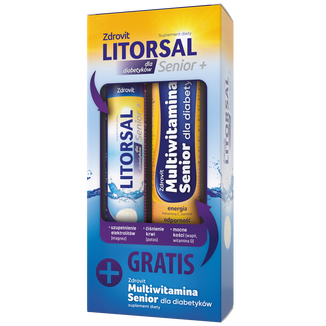 Zdrovit Litorsal Senior+, dla diabetyków, smak pomarańczowy, 20 tabletek musujących + Multiwitamina Senior, dla diabetyków, smak pomarańczowo-cytrynowy, 24 tabletki musujące USZKODZONE OPAKOWANIE - zdjęcie produktu