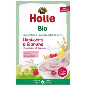 Holle Bio, kaszka ryżowa, malina i banan z mlekiem kozim, bezglutenowa, od 6 miesiąca, 200 g USZKODZONE OPAKOWANIE - zdjęcie produktu