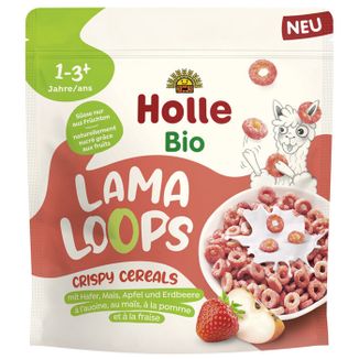 Holle Płatki śniadaniowe Bio Lama Loops, jabłkowo-truskawkowe kółeczka, od 1 roku, 125 g - zdjęcie produktu