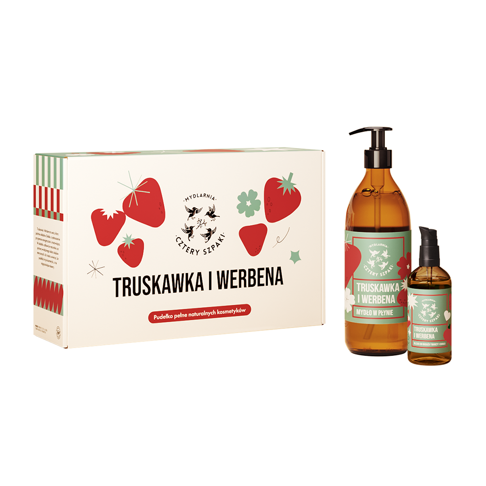 Nieznana Zestaw Cztery Szpaki Truskawka i Werbena, mydło w płynie, 300 ml + olejek do masażu, 100 ml