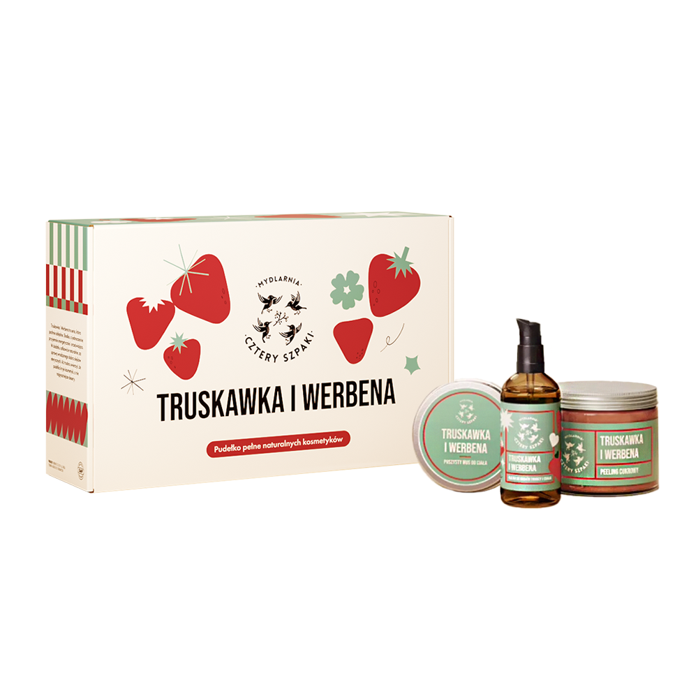 Nieznana Zestaw Cztery Szpaki Truskawka i Werbena, olejek do masażu, 250 ml + peeling, 150 ml + mus do ciała, 150 ml — Składniki i ocena