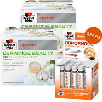 Zestaw Doppelherz System Ceramide Beauty, owocowy smak mango i marakui, 2 x 30 ampułek + Shots Odporność, płyn, smak wieloowocowy, 25 ml x 20 ampułek gratis - zdjęcie produktu