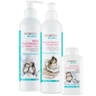 Zestaw Sylveco dla dzieci, krem pielęgnujący do twarzy i ciała, 300 ml + szampon i płyn do kąpieli kremowy, od urodzenia, 300 ml + łagodząca zasypka do ciała, 100 g - zdjęcie produktu