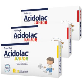 Zestaw Acidolac Junior, dla dzieci od 3 lat, smak truskawkowy, 2 x 20 misio-tabletek + smak biała czekolada, 20 misio-tabletek - zdjęcie produktu