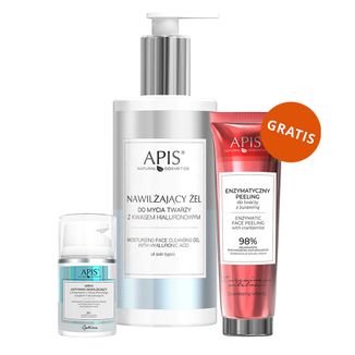 Zestaw Apis, nawilżający żel do mycia twarzy z kwasem hialuronowym, 300 ml + krem aktywnie nawilżający 30+, 50 ml + enzymatyczny peeling do twarzy, 100 ml gratis - zdjęcie produktu