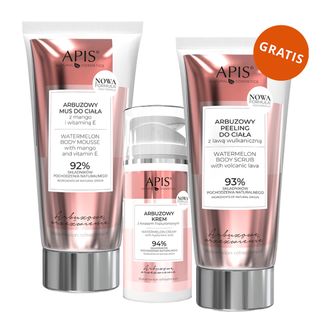 Zestaw Apis Arbuzowe Orzeźwienie, arbuzowy krem z kwasem hialuronowym, 100 ml + mus do ciała, mango i witamina E, 200 ml + peeling do ciała z lawą wulkaniczną, 200 ml gratis - zdjęcie produktu