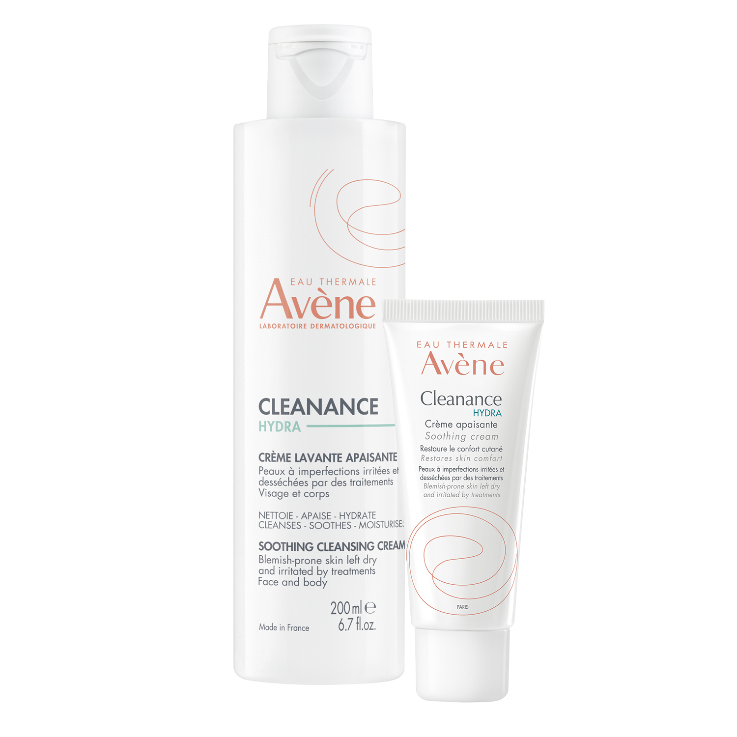 Набор Avene Cleanance Hydra для лица и тела: очищающий крем 200 мл и успокаивающий крем 40 мл