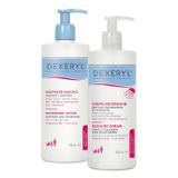 Zestaw Dexeryl, odżywcze mleczko do ciała, 500 ml +  krem myjący pod prysznic dla niemowląt, dzieci i dorosłych, skóra bardzo sucha i skłonna do atopii, 500 ml - miniaturka zdjęcia produktu