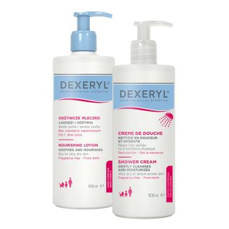 Zestaw Dexeryl, odżywcze mleczko do ciała, 500 ml +  krem myjący pod prysznic dla niemowląt, dzieci i dorosłych, skóra bardzo sucha i skłonna do atopii, 500 ml - zdjęcie produktu