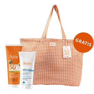Zestaw Avene Sun, bardzo wysoka ochrona przeciwsłoneczna, mleczko dla dzieci, SPF 50+, 250 ml + balsam po opalaniu, dla dorosłych i dzieci od 2 lat, 200 ml + torba plażowa gratis - zdjęcie produktu
