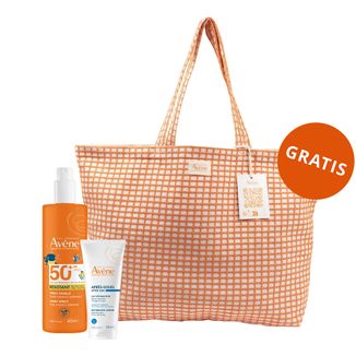 Zestaw Avene Sun, bardzo wysoka ochrona przeciwsłoneczna, spray dla rodziny, SPF 50+, 400 ml + balsam po opalaniu, dla dorosłych i dzieci od 2 lat, 200 ml + torba plażowa gratis - zdjęcie produktu