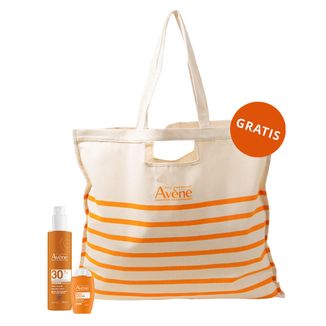 Zestaw Avene Sun, wysoka ochrona przeciwsłoneczna, spray, SPF 30, 200 ml + niewidoczny krem przeciwsłoneczny do twarzy, skóra wrażliwa, SPF 50+, 50 ml + torba plażowa gratis - zdjęcie produktu