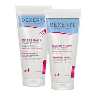 Zestaw Dexeryl Shower, krem myjący pod prysznic dla niemowląt, dzieci i dorosłych, skóra bardzo sucha i skłonna do atopii, 200 ml + odżywcze mleczko do ciała, 200 ml - zdjęcie produktu