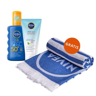 Zestaw Nivea Sun Kids Protect & Care 5w1, spray ochronny do opalania dla dzieci, SPF 50+, 200 ml + kojący krem-żel po opalaniu, 175 ml + ręcznik plażowy gratis - zdjęcie produktu