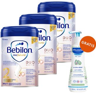 Bebilon Profutura DuoBiotik 2, mleko następne, po 6 miesiącu, 3 x 800 g + Mustela Bebe Enfant Hydra Bebe, mleczko do ciała, 300 ml gratis - zdjęcie produktu