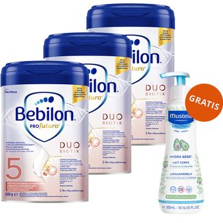 Bebilon Profutura DuoBiotik 5, odżywcza formuła na bazie mleka, dla przedszkolaka, 3 x 800 g + Mustela Bebe Enfant Hydra Bebe, mleczko do ciała, 300 ml gratis - zdjęcie produktu