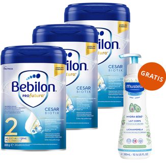 Bebilon Profutura CesarBiotik 2, mleko następne, po 6 miesiącu, 3 x 800 g + Mustela Bebe Enfant Hydra Bebe, mleczko do ciała, 300 ml gratis - zdjęcie produktu