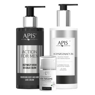 Zestaw Apis Action for Men, odżywczy krem do ciała i dłoni, 300 ml + krem wygładzający dla mężczyzn, 50 ml + żel do mycia twarzy z aktywnym węglem, 300 ml - zdjęcie produktu
