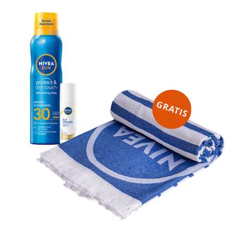 Zestaw Nivea Sun Protect & Dry Touch, balsam do opalania w aerozolu, SPF 30, 200 ml + serum do twarzy 2w1, SPF 50+, 30 ml + ręcznik plażowy gratis - zdjęcie produktu