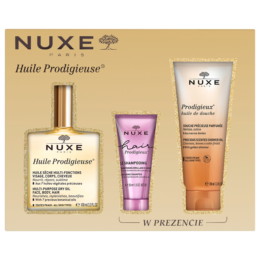 Nieznana Set Nuxe Huile Prodigieuse, trocken Öl, 100 ml + Shampoo, 30 ml + Öl für die Dusche, 100 ml — Inhaltsstoffe und Bewertung