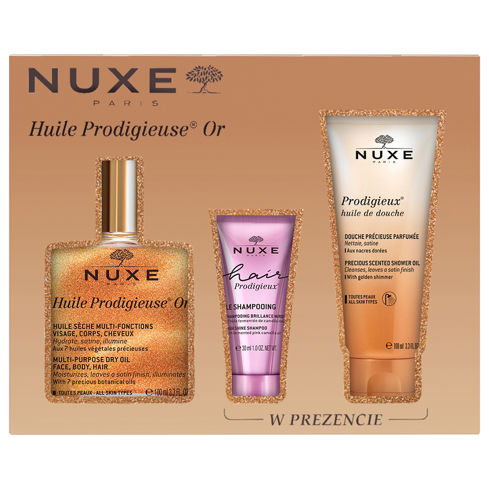 Nieznana Zestaw Nuxe Huile Prodigieuse Or, suchy olejek ze złotymi drobinkami 100 ml + szampon, 30 ml + olejek pod prysznic, 100 ml